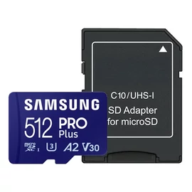 Samsung Pro Plus MicroSDXC memóriakártya 512GB, 180/130 MB/s C10, V30, UHS-II, U3, A2